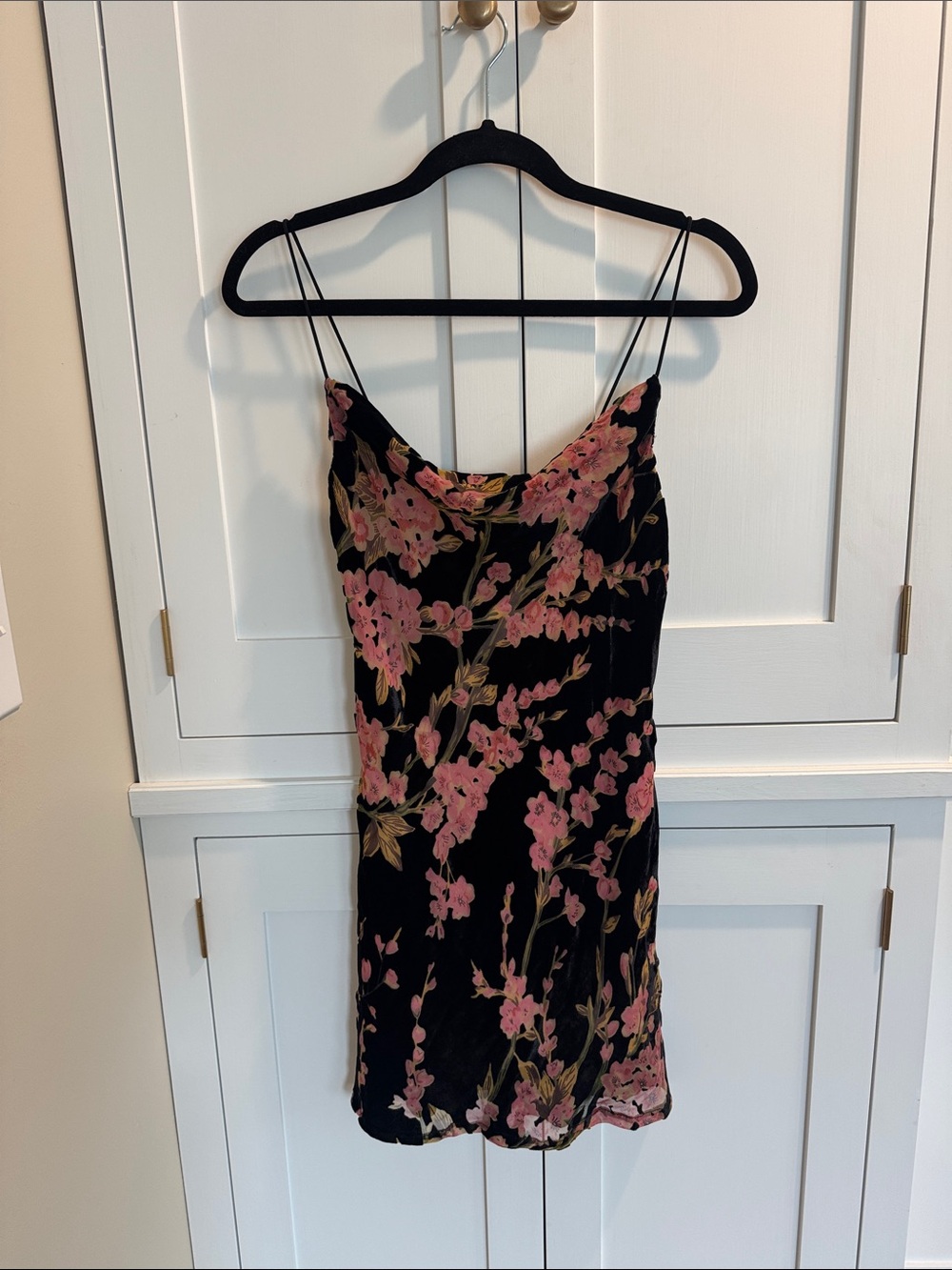 Princess Polly Black Floral Velvet Slip Dress with Pink Blooms